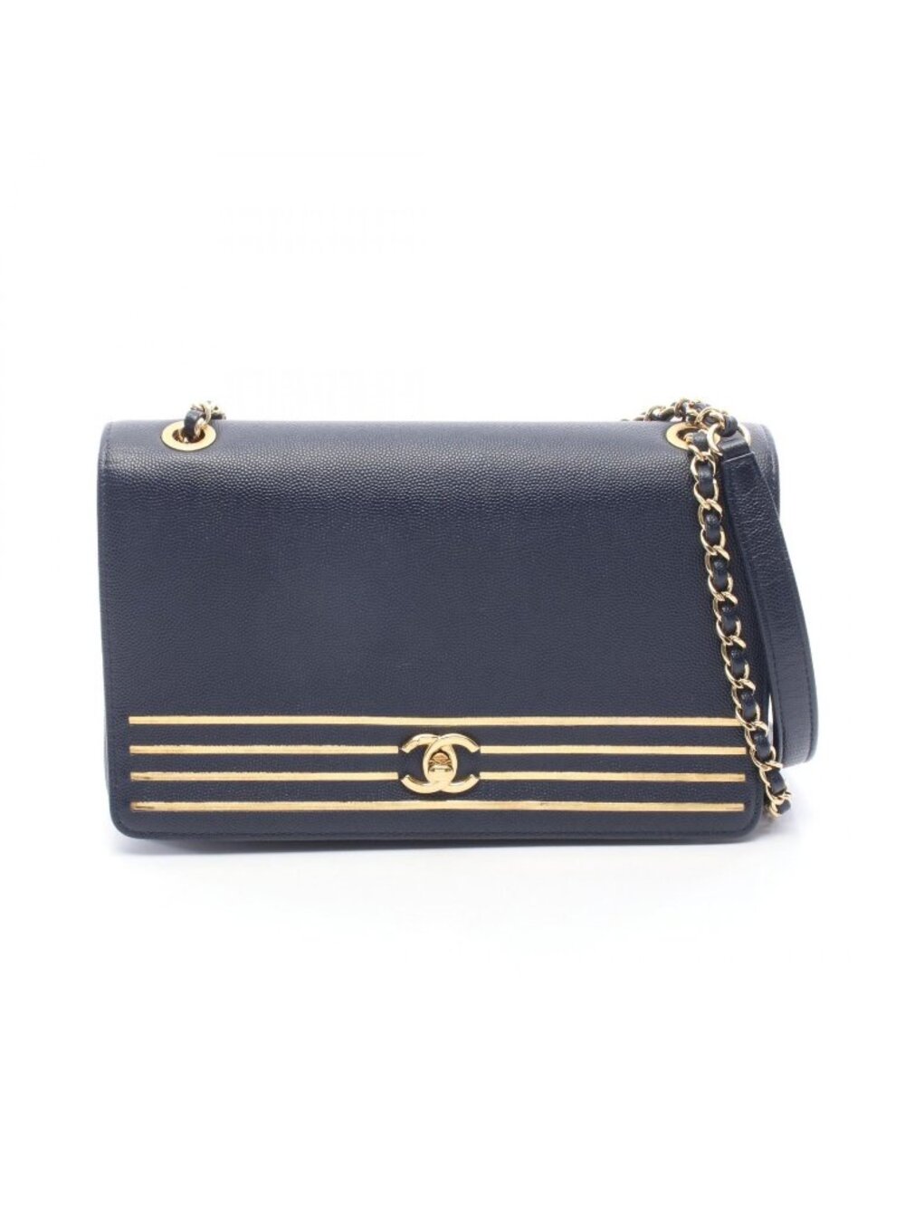 Chanel Shoulder Bag CC Logo Navy Gold Caviar Leather Chain